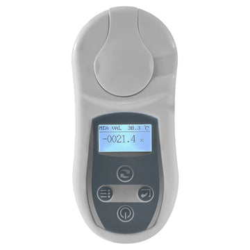 Angled view of the digital salinity meter highlighting the control buttons and compact design.